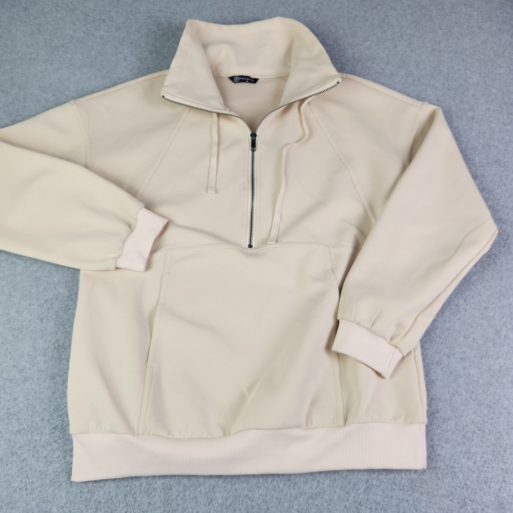 Pretty Garden Sweatshirt Womens Medium Cream Relaxed Fit Mock Neck Quarter Zip